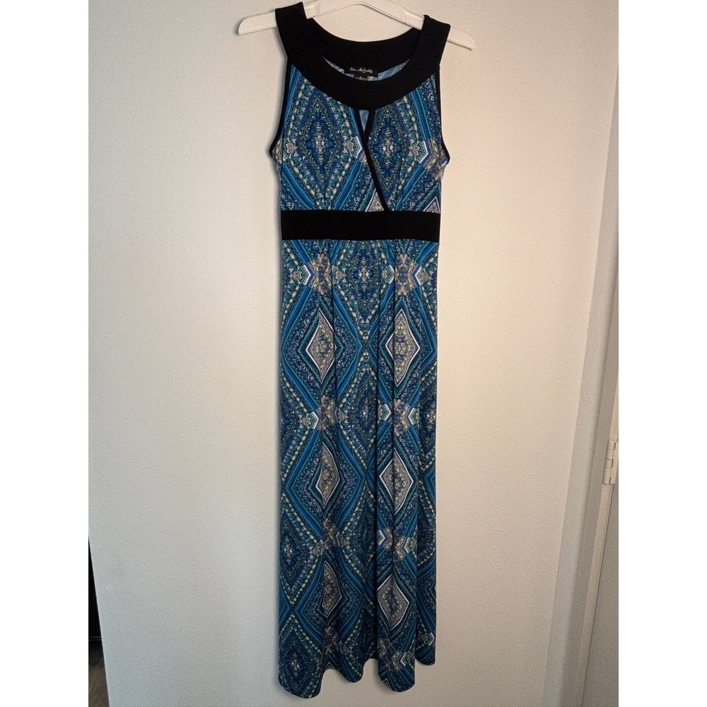 Elie McCarthy Blue Geometric Diamond Print Maxi Dress Sleeveless Womens Medium